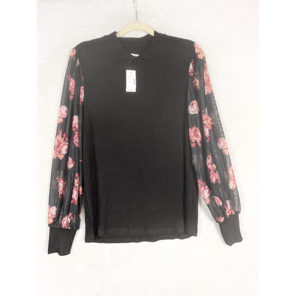 NEW Maurices Top Women's Small Black Ribbed Mock Neck Sheer Floral Mesh Sleeves
